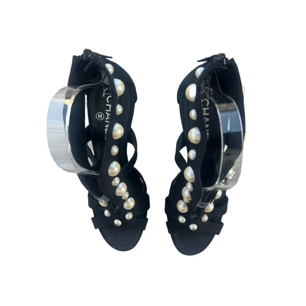 Chanel Black Strap Pearl Embellished Heels
